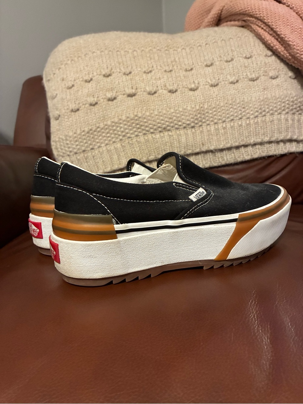 Vans Black Platform Slip-On Sneakers with Brown Accent